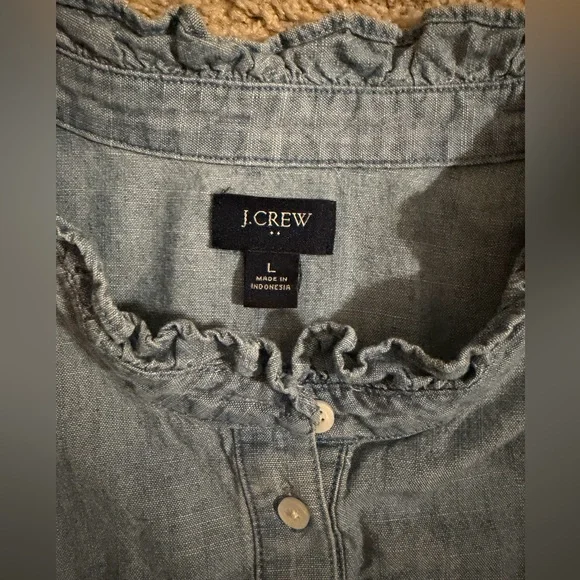 J.CREW Chambray Ruffle Neck Button Down Long Sleeve Top Women's L - Picture 4 of 4